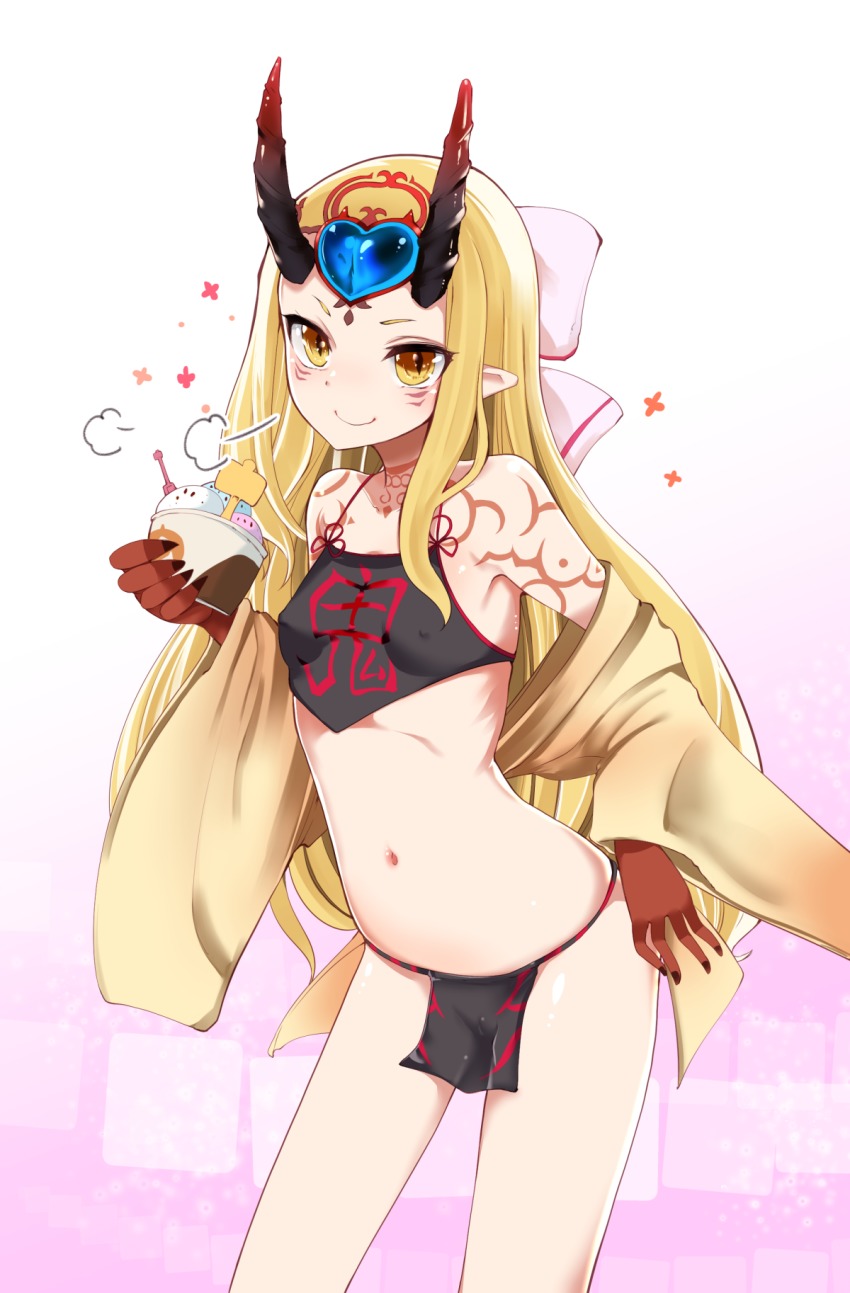 1girl bare_shoulders blonde_hair blush breasts chinese_clothes closed_mouth collarbone commentary_request cosplay covered_erect_nipples dudou facial_mark fate/grand_order fate_(series) female_focus food forehead_jewel gradient_background hand_up highres holding horns ibaraki_douji_(fate) ice ice_cream long_hair long_sleeves looking_at_viewer navel oni oni_horns pink_background pointy_ears shoulder_tattoo shuten_douji_(fate) shuten_douji_(fate/grand_order) shuten_douji_(halloween_caster)_(fate) shuten_douji_(halloween_caster)_(fate)_(cosplay) small_breasts smile solo standing takara_akihito tattoo triple_scoop v-shaped_eyebrows very_long_hair white_background wide_sleeves