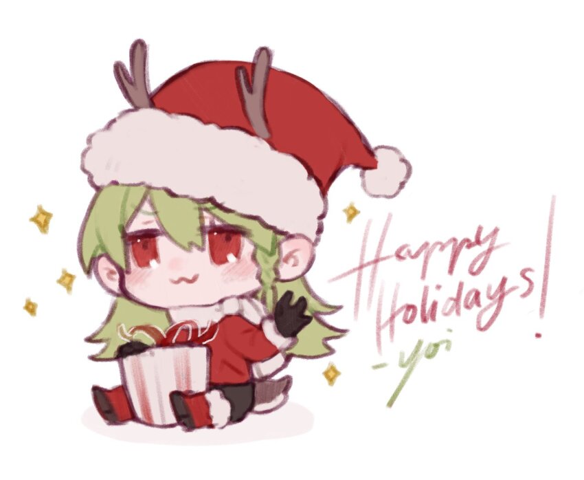 1girl :3 antlers black_gloves box braid chibi chibi_only deer_tail full_body gift gift_box gloves green_hair happy_holidays hat horns kemonomimi_mode long_hair looking_at_viewer original red_eyes reindeer_antlers santa_costume santa_hat scarf simple_background sitting solo tail waving white_background white_scarf yoimon
