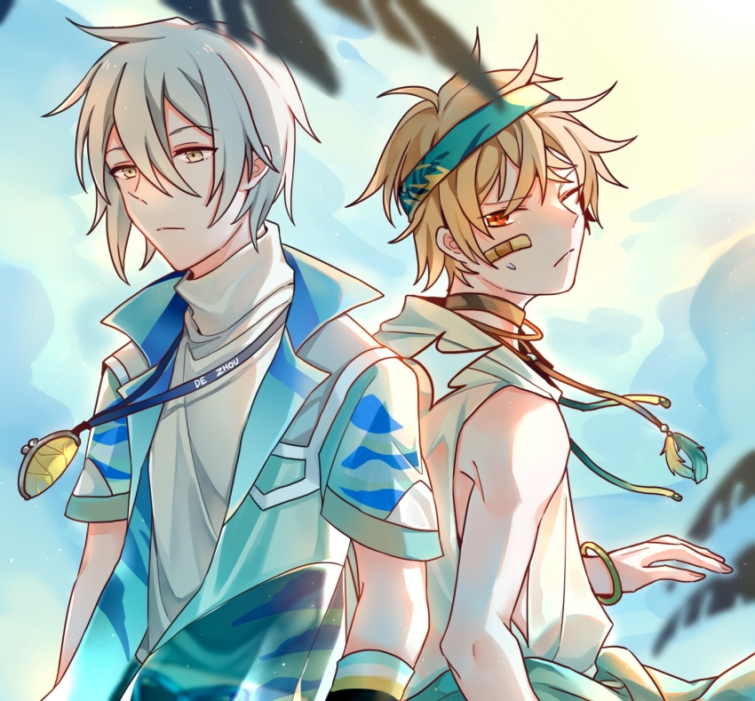 2boys ;/ aqua_headband aqua_jacket blonde_hair blue_sky bracelet chinese_commentary closed_mouth commentary_request day dezhou_chicken_(the_tale_of_food) drawstring fuli_chicken_(the_tale_of_food) grey_hair highres hood hoodie jacket jewelry lanyard light_particles male_focus multiple_boys one_eye_closed open_clothes open_jacket outdoors short_hair short_sleeves sky sleeveless sleeveless_hoodie sweater the_tale_of_food tie_fei_wu_mang_dashuai turtleneck turtleneck_sweater upper_body variant_set white_hoodie white_sweater wristband yellow_eyes