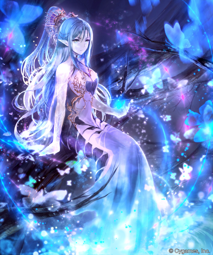 1girl arm_support bare_shoulders blossom_spirit_(shadowverse) blue_dress blue_hair branch breasts bug butterfly commentary_request company_name dress elf from_side highres insect irua large_breasts light_particles light_rays long_dress long_hair looking_at_viewer magic official_art outdoors pointy_ears shadowverse sitting solo spirit tiara tree very_long_hair yellow_eyes