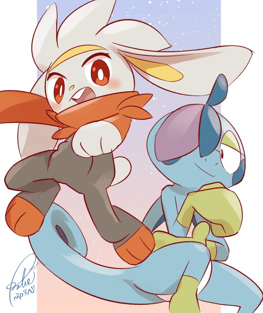 2others black_eyes blue_hair blue_skin blush body_fur bright_pupils closed_mouth colored_skin creatures_(company) drizzile furry game_freak gen_8_pokemon highres multiple_others nintendo open_mouth other_focus pokemon pokemon_(creature) purobe purple_hair raboot smile tail white_fur white_pupils