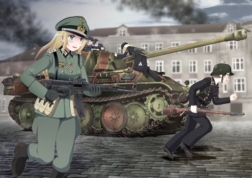 4girls assault_rifle blonde_hair blue_eyes breasts brick_road caterpillar_tracks commentary_request commission day grey_hair gun hat highres house kriegsmarine long_hair military military_hat military_uniform military_vehicle motor_vehicle multiple_girls original panther_(tank) pixiv_commission rifle saitou_kaoru_(nashorn) short_hair sky smoke stg44 tank weapon window world_war_ii