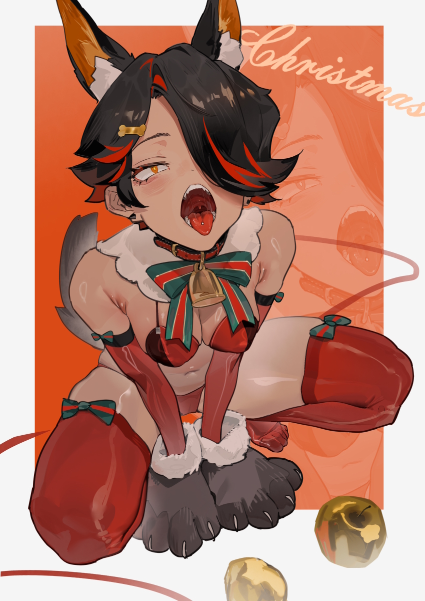1girl absurdres animal_collar animal_ear_fluff animal_ears animal_hands apple arms_between_legs bell black_hair bone_hair_ornament border bow breasts bright_pupils christmas collar commentary_request dark_skin detached_sleeves dog_girl dog_tail fake_animal_ears fake_tail food fruit full_body gloves golden_apple green_bow hair_ornament hairclip half-closed_eyes highres looking_at_viewer medium_breasts multicolored_hair navel neck_bell orange_eyes original paw_gloves piercing qiu_shu red_background red_bow red_hair red_sleeves red_thighhighs revealing_clothes sanpaku short_hair skindentation squatting streaked_hair striped_bow tail tan thighhighs thighs tongue tongue_out tongue_piercing two-tone_hair uvula variant_set white_border white_pupils