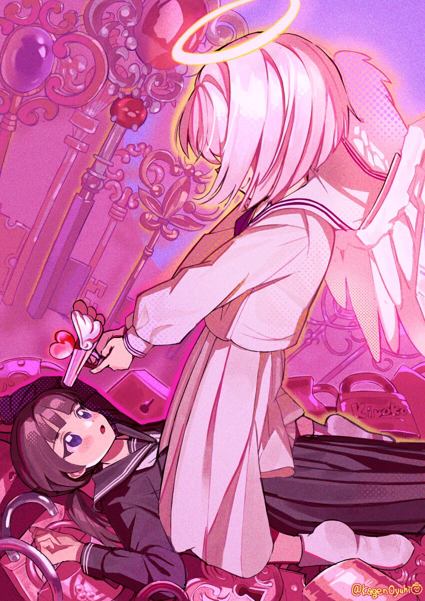 2girls absurdres aiming angel angel_wings at_gunpoint black_hair black_sailor_collar black_serafuku black_shirt black_skirt blue_eyes feathered_wings gun halftone halo heart highres holding holding_gun holding_weapon kagenoyuhi kneeling lock long_sleeves looking_at_another lying multiple_girls open_mouth original padlock sailor_collar school_uniform serafuku shirt signature skirt socks traditional_halo weapon white_hair white_serafuku white_shirt white_skirt white_socks wings