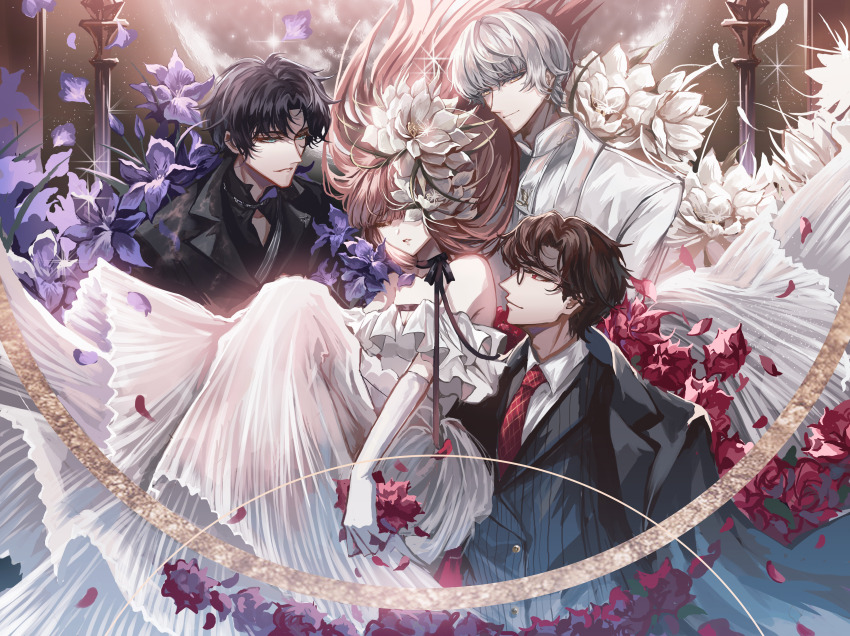 1girl 3boys absurdres angel&#039;s_trumpet aqua_eyes bare_shoulders black_choker black_hair black_jacket black_shirt black_vest breasts brown_hair choker cleavage closed_eyes closed_mouth collared_shirt curtained_hair dress elbow_gloves epiphyllum feet_out_of_frame floating_hair flower flower_over_eye glasses gloves highres holding holding_flower iris_(flower) jacket jacket_on_shoulders lapels light_and_night_love light_particles long_dress long_hair long_sleeves looking_at_another lu_chen male_harem mandarin_collar multiple_boys necktie notched_lapels off-shoulder_dress off_shoulder parted_bangs parted_lips pinstripe_pattern pinstripe_vest profile protagonist_(light_and_night_love) purple_flower qi_sili red_eyes red_flower red_necktie ribbon_choker shirt short_hair short_sleeves smile snow234 upper_body vest white_dress white_flower white_gloves white_hair white_shirt xiao_yi_(light_and_night_love) yellow_eyes
