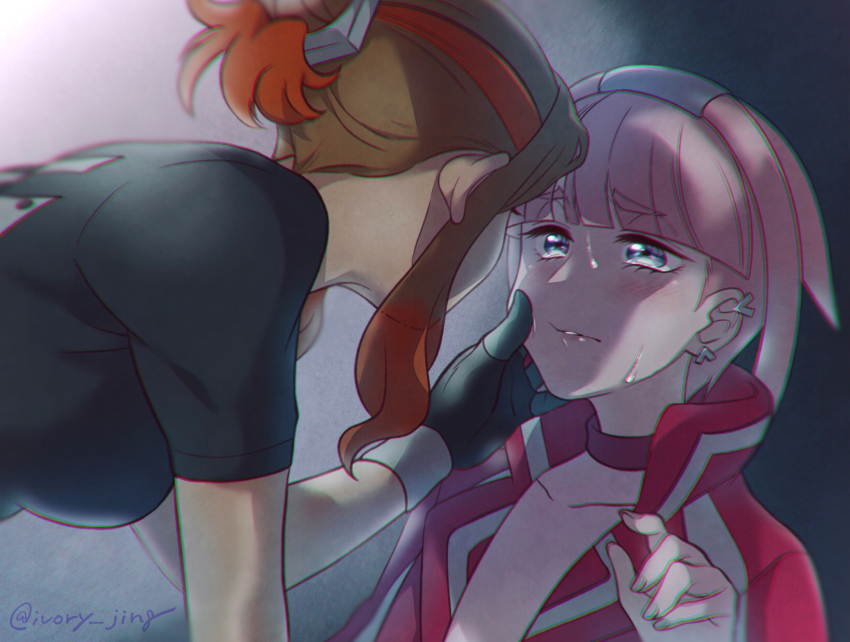 2girls artist_name blue_eyes blush breasts brown_hair choker ear_piercing eye_contact gloves hand_on_another&#039;s_face highres ivory_(25680nico) jacket large_breasts long_hair looking_at_another medium_hair mollie_(pokemon) multiple_girls nintendo orla_(pokemon) piercing pink_hair pokemon pokemon_(anime) pokemon_horizons ponytail shirt simple_background sweat t-shirt yuri