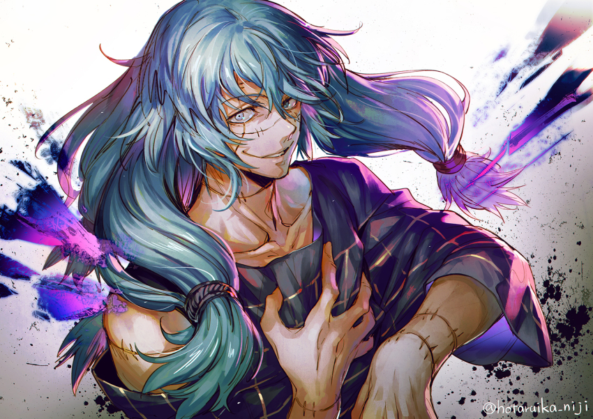 1boy black_shirt blue_hair clothing_cutout collarbone grey_eyes hair_between_eyes hotaruika_niji jujutsu_kaisen long_hair looking_at_viewer low_twintails mahito_(jujutsu_kaisen) male_focus scar scar_on_arm scar_on_face shirt shoulder_cutout smile solo twintails twitter_username upper_body white_background