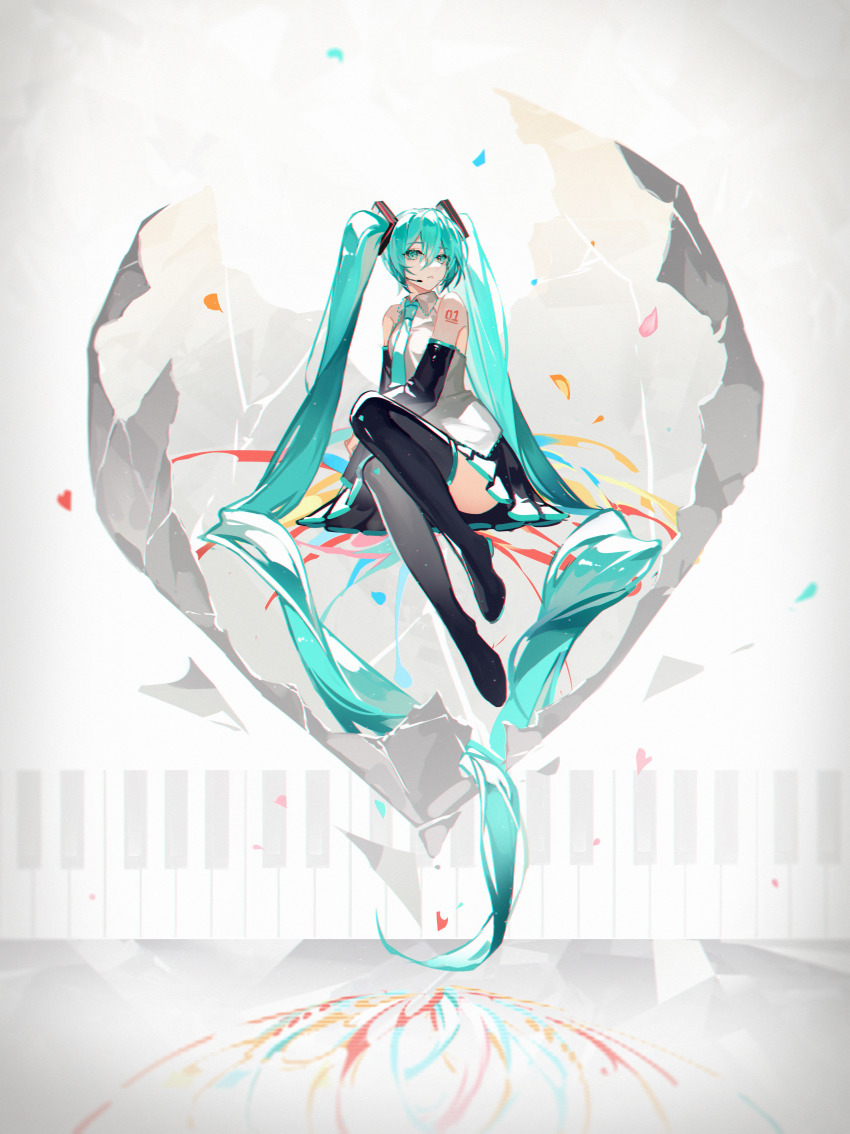 1girl absurdres aqua_eyes aqua_hair aqua_necktie bare_shoulders black_boots black_skirt boots cracked_shell detached_sleeves full_body hatsune_miku headset highres kazenemuri long_hair long_sleeves looking_at_viewer necktie number_tattoo parted_lips petals piano_keys pleated_skirt shirt shoulder_tattoo simple_background sitting skirt solo tattoo thigh_boots twintails very_long_hair vocaloid white_background white_shirt