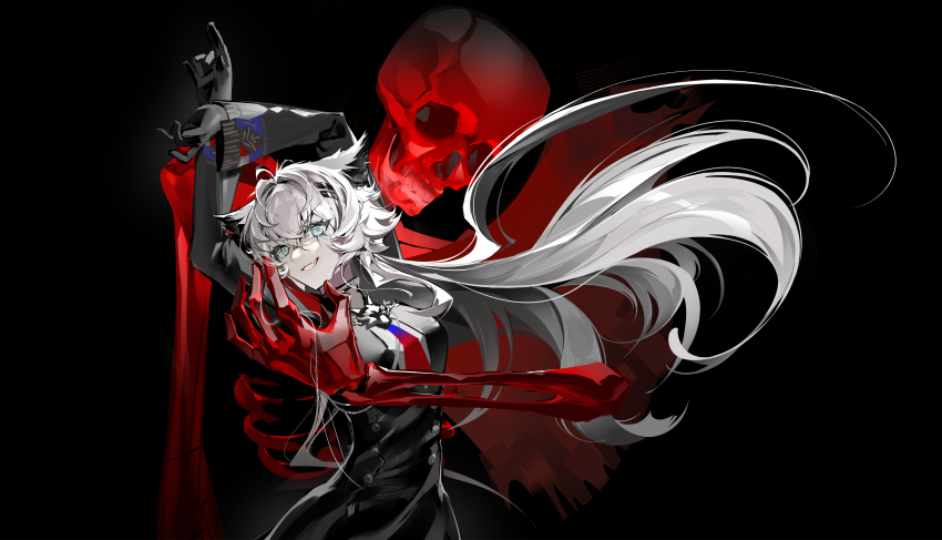 1girl absurdres animal_ears aqua_eyes arknights arms_up black_background black_dress black_gloves bolo_tie chinese_commentary commentary_request cowboy_shot crossed_wrists dress floating_hair gloves grin hair_between_eyes highres lappland_(arknights) lappland_the_decadenza_(arknights) long_hair long_sleeves outstretched_arms scar scar_across_eye scar_on_face skeleton skull smile solo standing surin_(65889544) white_hair wolf_ears wolf_girl