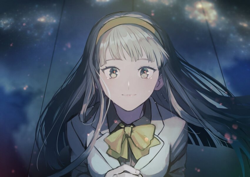 1girl bow digimon digimon_story:_time_stranger grey_eyes grey_hair headband jacket long_hair looking_at_viewer misono_inori night night_sky sky solo white_jacket yellow_bow yellow_headband yuu_(pixiv3042074)