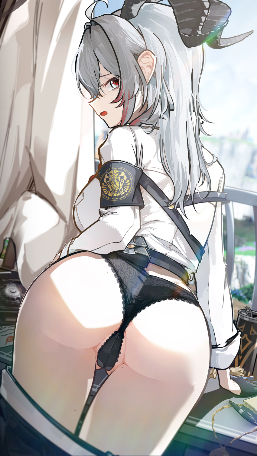 1girl absurdres ahoge armband ass black_armband black_horns black_panties black_pants breasts can clothes_pull commentary cowboy_shot curled_horns drink_can english_commentary from_behind grey_hair highres horns indoors large_breasts long_hair looking_at_viewer looking_back multicolored_hair open_mouth panties pants pants_pull partially_visible_vulva pen red_eyes revision ryeon_(naturesan) shirt solo streaked_hair underwear white_shirt wuthering_waves zani_(wuthering_waves)