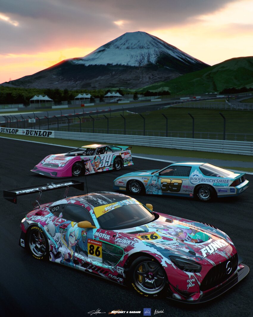 3d absurdres arhentol artist_collaboration artist_logo artist_name car chevrolet_camaro commentary dunlop english_commentary fuji_speedway funkygarage goodsmile_racing hatsune_miku highres holeecrab itasha logo mercedes-benz mercedes-benz_amg_gt motor_vehicle mount_fuji race_vehicle racecar racing_miku sad.machines shadow spoiler_(automobile) sponsor sports_car star_(symbol) vehicle_focus vocaloid