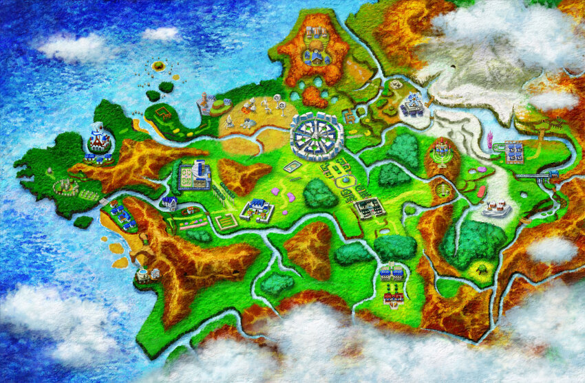 anistar_city artist_request bridge building city cloud copyright_name forest fountain grass hedge highres house island kalos_map lava lumiose_city map map_(medium) nature nintendo no_humans official_art pokemon pokemon_xy prism_tower river rock snow third-party_source town turbine