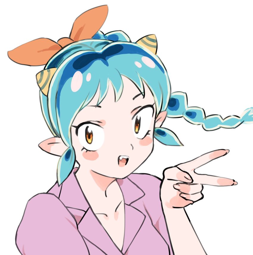 1girl :d blue_hair braid collarbone cone_horns fangs fingernails floating_hair gan2 hair_ribbon hand_up highres horns long_hair lum oni open_mouth orange_eyes orange_ribbon pointy_ears ribbon simple_background single_braid small_horns smile solo teeth upper_body upper_teeth_only urusei_yatsura v white_background yellow_horns