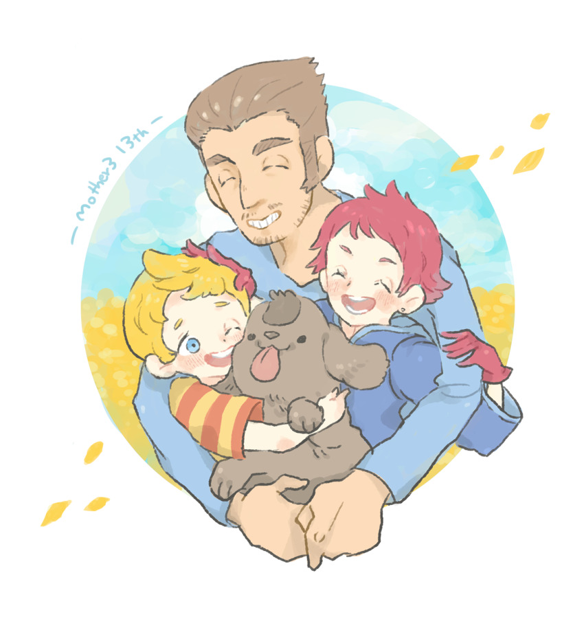 1girl animal_ears blonde_hair boney brown_hair copyright_name dog dog_ears dress duster_(mother) gloves highres kumatora lucas_(mother_3) male_focus mother_(series) mother_3 multiple_boys nintendo open_mouth pink_hair shirt short_hair shorts smile striped_clothes striped_shirt washimi