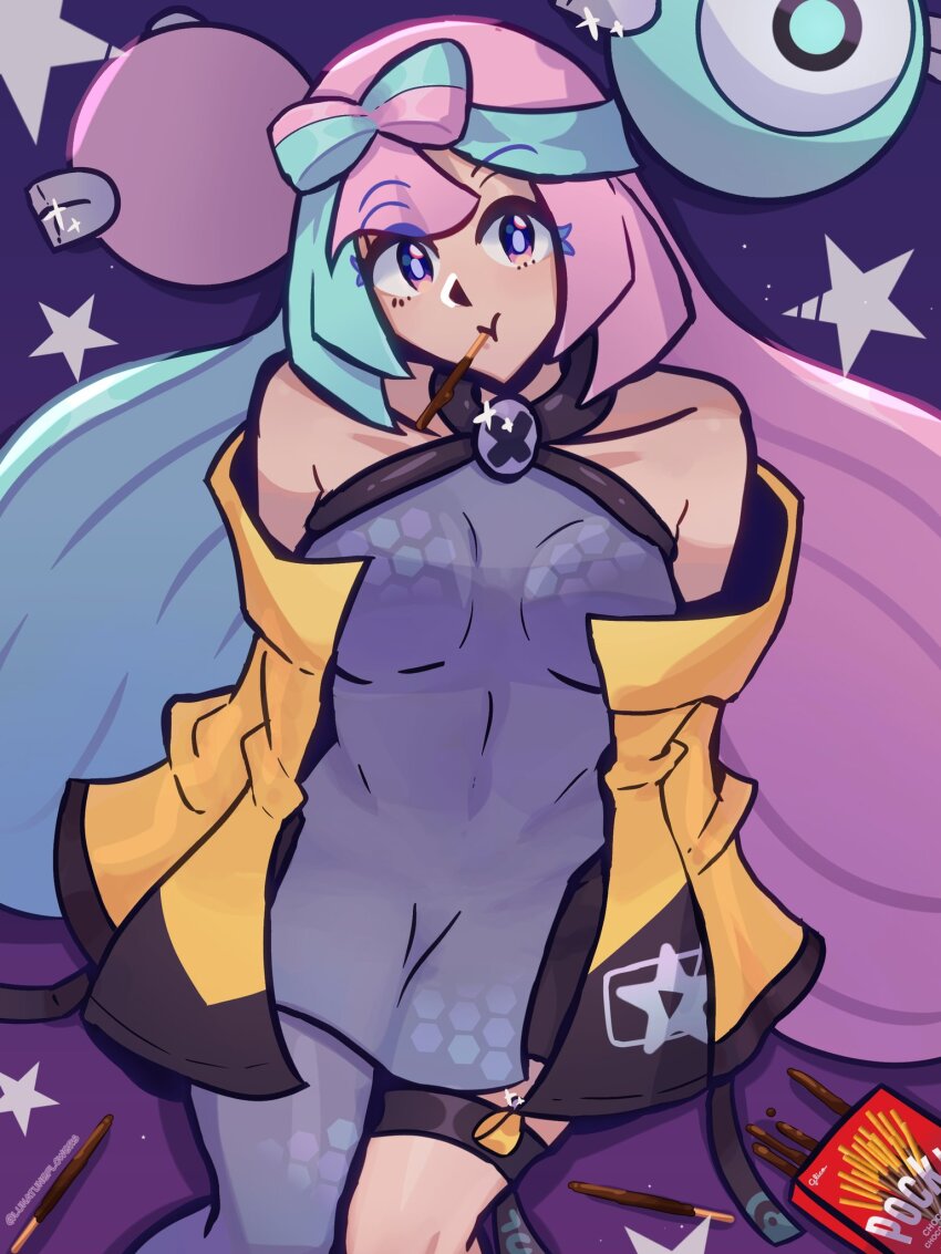 1girl blue_hair bow-shaped_hair breasts character_hair_ornament collarbone creatures_(company) food food_in_mouth game_freak grey_pantyhose hair_ornament hexagon_print highres iono_(pokemon) jacket long_hair low-tied_long_hair lunatuneflowers multicolored_hair nintendo oversized_clothes pantyhose pink_hair pocky pocky_day pocky_in_mouth pokemon pokemon_sv single_leg_pantyhose sleeveless sleeves_past_fingers sleeves_past_wrists solo split-color_hair unzipped very_long_sleeves x yellow_jacket