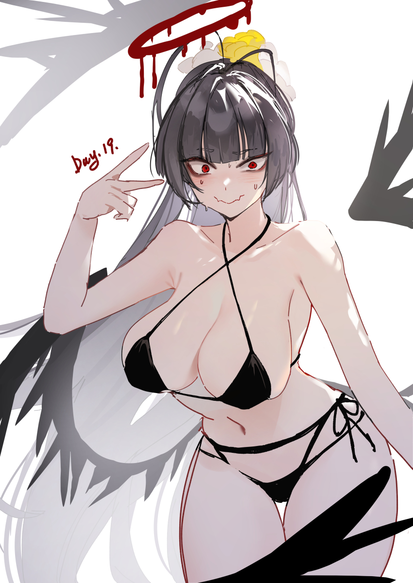 1girl absurdres antenna_hair bags_under_eyes bikini black_bikini black_hair black_wings blood blood_halo blue_archive blush breasts cleavage commentary cowboy_shot criss-cross_halter feathered_wings flower hair_flower hair_ornament halo halterneck hand_up highres large_breasts liquid_halo long_hair looking_at_viewer low_wings melting_halo navel nervous_smile nervous_sweating official_alternate_costume pale_skin ponytail red_eyes red_halo reiami simple_background smile solo sweat swimsuit tsurime tsurugi_(blue_archive) tsurugi_(swimsuit)_(blue_archive) v very_long_hair white_background wings