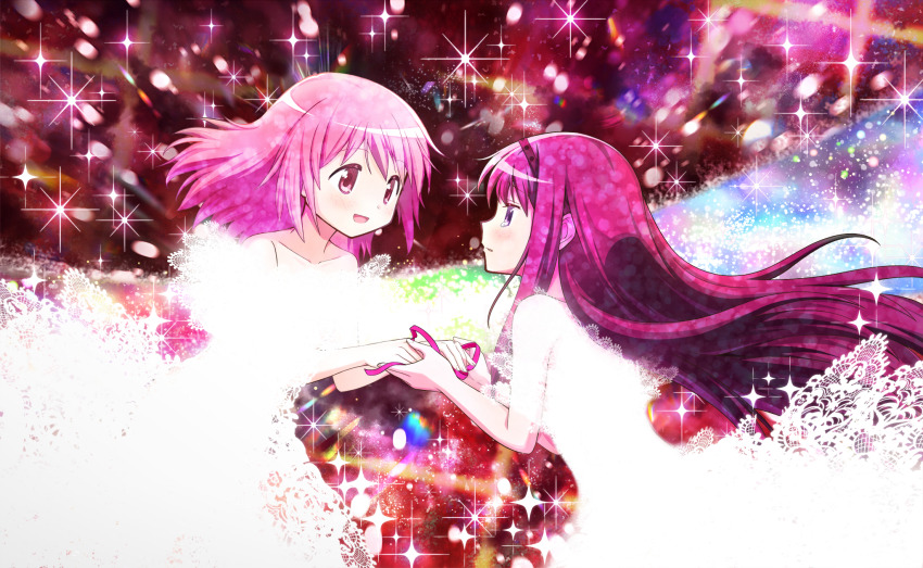 2girls akemi_homura artist_request bare_shoulders black_hair black_hairband collarbone cowboy_shot dot_nose dress expressionless eye_contact floating floating_clothes floating_hair game_cg giving glowing hairband happy highres holding holding_ribbon jitome kaname_madoka light_blush light_particles long_dress long_hair looking_at_another mahou_shoujo_madoka_magica mahou_shoujo_madoka_magica_magia_exedra multiple_girls off-shoulder_dress off_shoulder official_art open_mouth parted_lips pink_eyes purple_eyes red_ribbon ribbon short_sleeves sidelocks smile space sparkle tareme unworn_ribbon very_long_hair white_dress