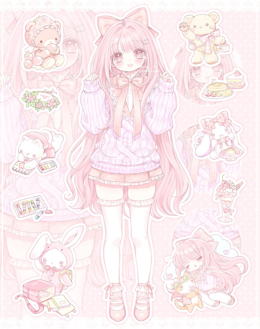 1girl blush bow chibi commentary_request commission crayon full_body hair_bow highres korean_commentary long_hair looking_at_viewer mipi_(u3u_00) multiple_views original pastel_colors pink_eyes pink_hair pink_shoes pink_theme purple_sweater shoes skirt solo_focus standing stuffed_animal stuffed_toy sweater teddy_bear thighhighs very_long_hair white_thighhighs yume_kawaii zettai_ryouiki zoom_layer