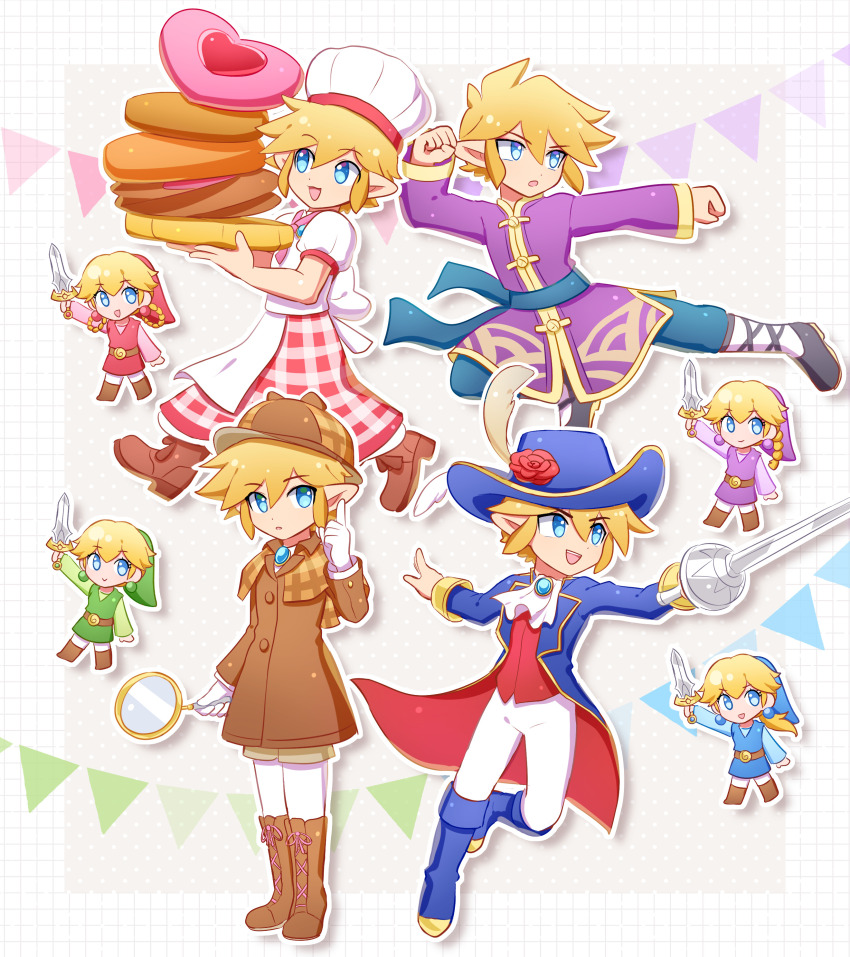 6+boys :d absurdres apron blue_eyes blue_footwear blue_headwear boots brown_coat brown_footwear brown_headwear chef chef_hat coat cosplay deerstalker detective detective_peach enni epee flying_kick full_body gloves grid_background hair_between_eyes hat hat_feather highres holding holding_magnifying_glass holding_sword holding_weapon kicking kung_fu kung_fu_peach link magnifying_glass mario_(series) multiple_boys nintendo open_mouth pants patissiere_peach princess_peach princess_peach:_showtime! princess_peach_(cosplay) smile sword swordfighter_peach the_legend_of_zelda the_legend_of_zelda:_four_swords weapon white_gloves white_pants