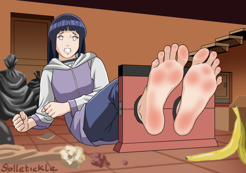 1girl barefoot bdsm black_hair bondage bound clenched_hand clenched_teeth feet foot_focus foreshortening hood hyuuga_hinata indoors jacket long_hair looking_at_viewer naruto_(series) pants soles solletickle stocks teeth toes white_eyes