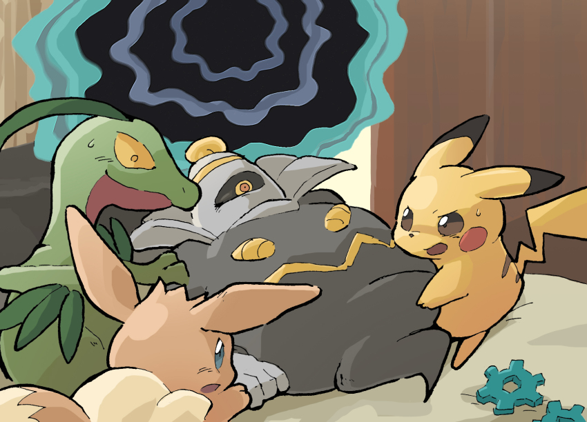 animal_focus black_sclera blue_eyes blush blush_stickers brown_eyes closed_mouth colored_sclera constricted_pupils dusknoir eevee gears gen_1_pokemon gen_3_pokemon gen_4_pokemon gerigoo grovyle highres light_blush looking_at_another lying multicolored_eyes nintendo no_humans on_back one-eyed open_mouth orange_eyes pikachu pokemon pokemon_(creature) pokemon_mystery_dungeon pokemon_mystery_dungeon:_explorers_of_time/darkness/sky pushing red_eyes sideways_mouth spoilers sweat time_gear wormhole yellow_eyes yellow_sclera