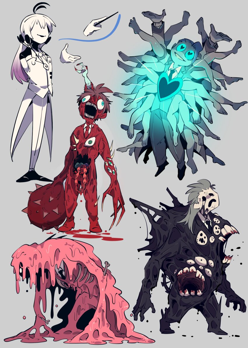 5others absurdres adoration_(e.g.o) blood blue_sclera blue_star colored_sclera conductor_baton da_capo_(e.g.o) disembodied_hand e.g.o_(project_moon) employee_(project_moon) extra_arms extra_legs gloves grey_background grey_hair heart heart-shaped_pupils highres jacket lobotomy_corporation long_hair melting_love mimicry_(e.g.o) monsterification mountain_of_smiling_bodies multiple_others nothing_there nugget_(project_moon) open_mouth pants project_moon sabaage simple_background slime_(substance) smile_(e.g.o) sound_of_a_star_(e.g.o) symbol-shaped_pupils the_silent_orchestra uniform white_gloves white_hair white_jacket white_pants