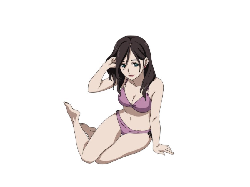 bikini breasts brown_hair earrings ga-rei ga-rei_zero green_eyes highres jewelry jinguuji_ayame kneeling large_breasts long_hair official_art pink_bikini swimsuit
