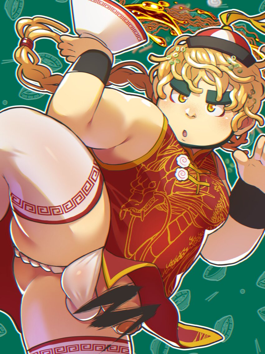 1boy armband ass bar_censor black_armband blonde_hair bowl censored china_dress chinese_clothes clothes_lift clothing_aside covered_testicles cowboy_shot dress fat fat_man foreskin fundoshi fundoshi_aside green_background guapi_mao half-erect highres holding holding_bowl japanese_clothes leg_up long_hair male_focus open_mouth original pectorals pelvic_curtain pelvic_curtain_lift penis ponytail solo spill thick_eyebrows thighhighs thighs white_thighhighs yellow_eyes yunosuke