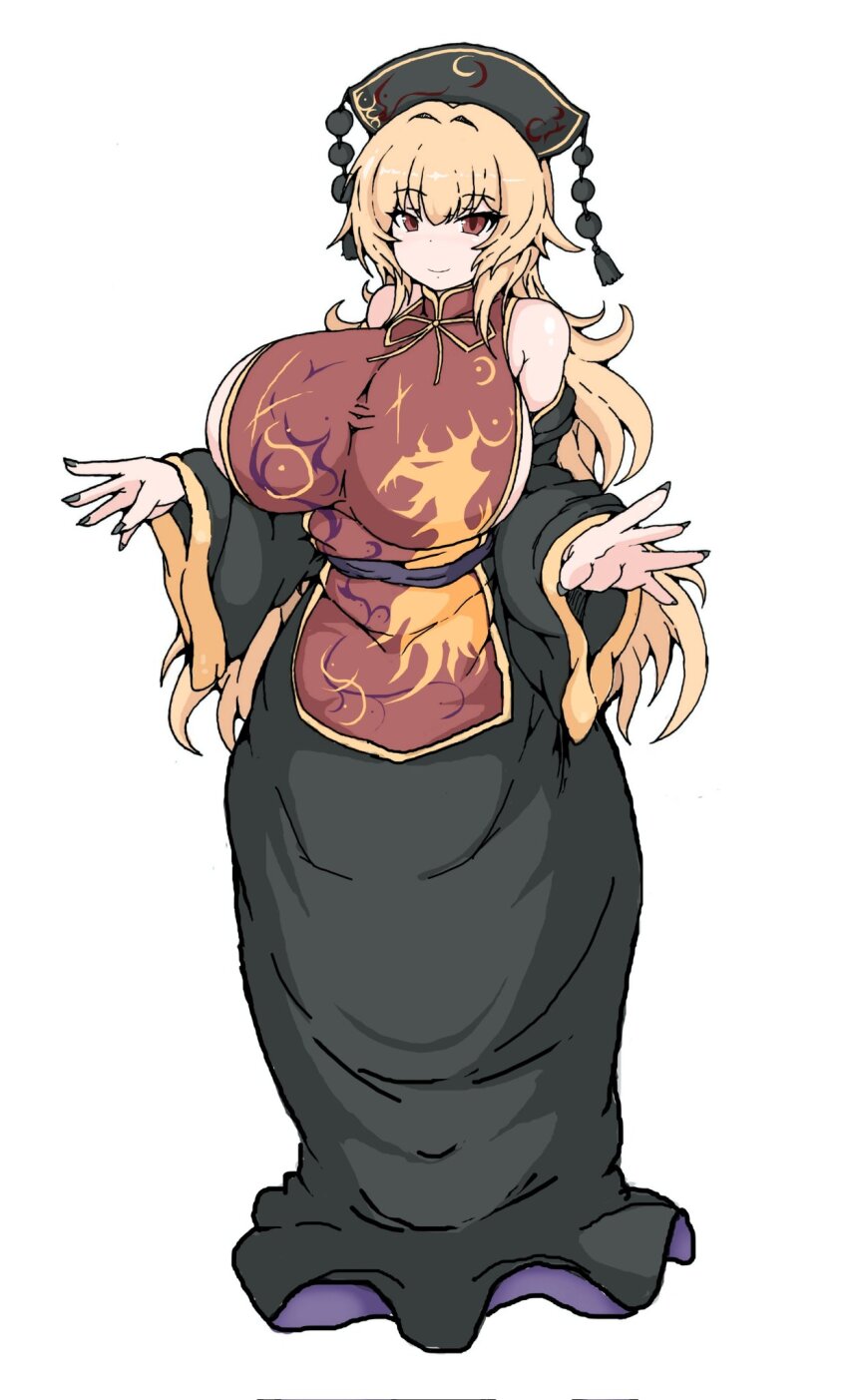 1girl bare_shoulders black_dress breasts closed_mouth commentary_request dress full_body headdress highres huge_breasts junko_(touhou) junko_day long_sleeves looking_at_viewer mature_female nail_polish red_eyes sideboob simple_background solo standing tabard touhou white_background wolf_walter0709