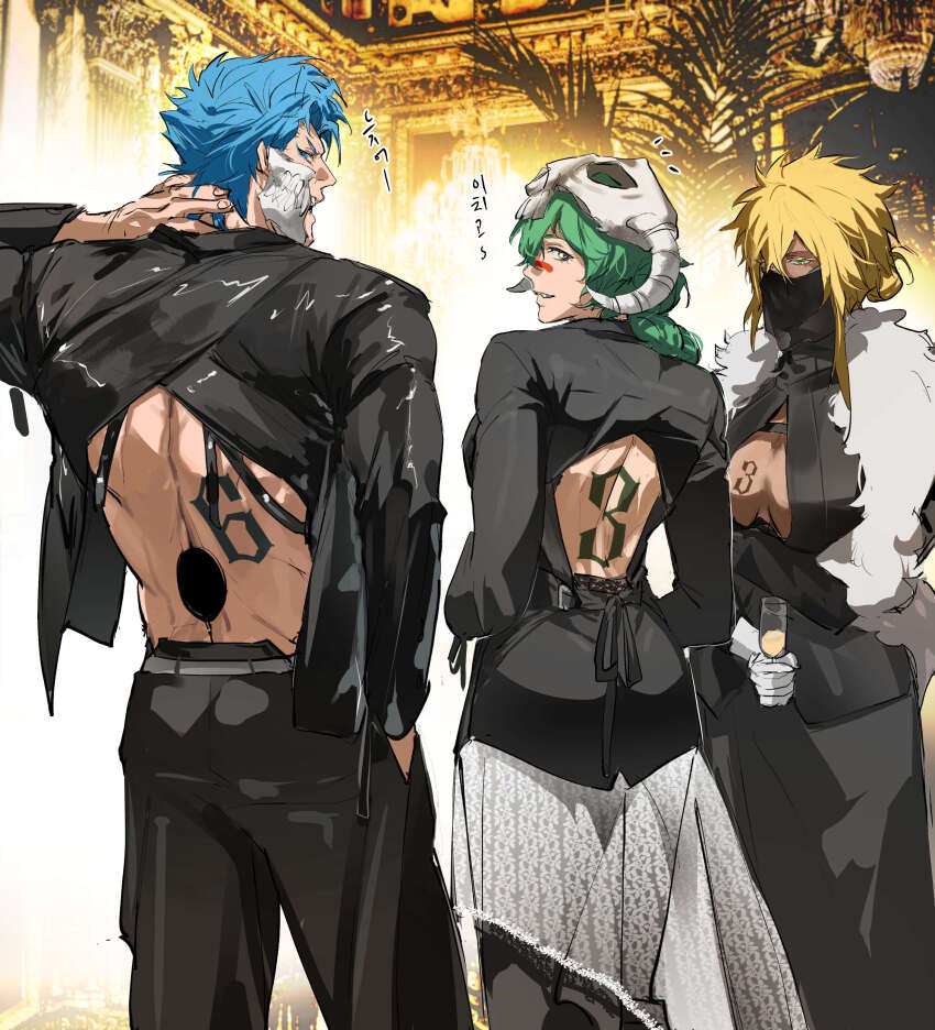 1boy 2girls absurdres alternate_costume aqua_hair back_cutout back_tattoo black_dress black_pants black_shirt bleach blonde_hair blue_eyes blue_hair bone_mask braid braided_ponytail breast_cutout breast_tattoo breasts champagne_flute chamsut0905 cleavage clothing_cutout colored_eyelashes commentary_request cowboy_shot cup dress drinking_glass espada formal_clothes fur-trimmed_dress fur_trim gloves green_eyes green_hair grimmjow_jaegerjaquez hand_in_pocket hand_on_own_neck highres holding holding_cup hole_on_body indoors large_breasts looking_at_viewer looking_back looking_to_the_side mask matching_hair/eyes median_furrow medium_hair mouth_mask mouth_veil multiple_girls nelliel_tu_odelschwanck no_bra number_tattoo open_mouth pants pencil_skirt shirt short_hair sideboob sidelocks skirt skirt_under_dress skull_on_head smile standing tattoo tier_harribel veil white_gloves white_skirt yellow_eyes