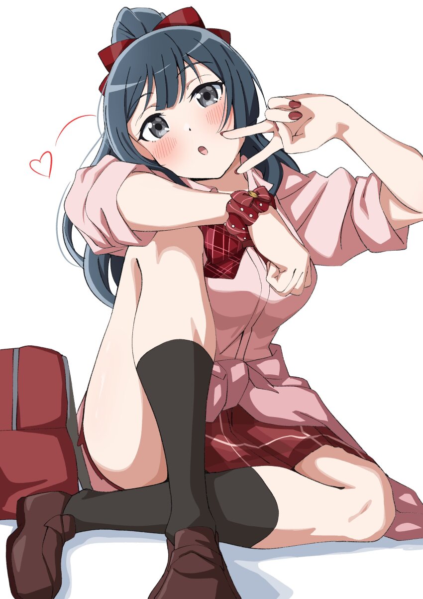 1girl :o absurdres bag black_hair black_socks blush bow bowtie breasts brown_shoes cleavage grey_eyes gyaru hair_bow heart highres kogal loafers long_hair looking_at_viewer love_live! love_live!_nijigasaki_high_school_idol_club medium_breasts miniskirt nail_polish official_alternate_costume official_alternate_hairstyle pink_shirt plaid_bow plaid_bowtie plaid_clothes plaid_scrunchie plaid_skirt pleated_skirt red_bag red_bow red_bowtie red_nails red_scrunchie red_skirt school_bag scrunchie shirt shoes sitting skirt sleeves_rolled_up socks solo three-quarter_sleeves uchuu_no_mozuku v white_background wrist_scrunchie yuki_setsuna