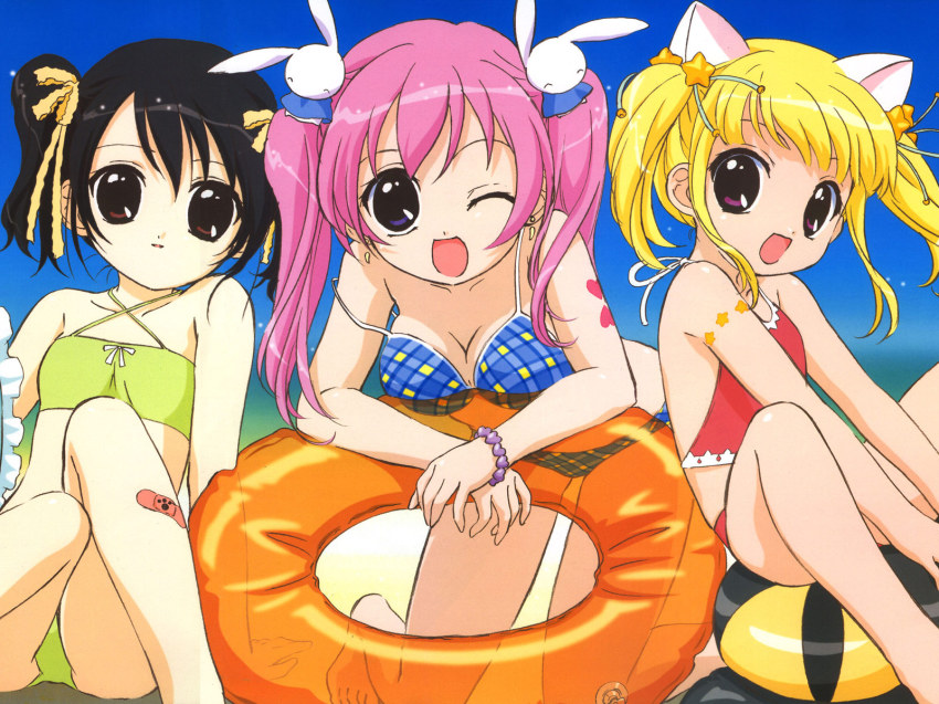 3girls animal_ears bikini black_hair blonde_hair brown_eyes cat_ears hair_ornament highres innertube misha misha_(pita_ten) multiple_girls official_art official_wallpaper one_eye_closed pink_hair pita_ten rabbit_ears rabbit_hair_ornament sakai_kyuuta shia shia_(pita_ten) swim_ring swimsuit tankini twintails uematsu_koboshi wink