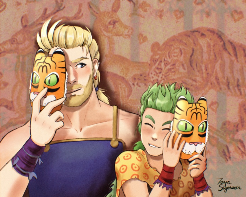 2boys animal_background armband beard blonde_hair blue_eyes closed_eyes earrings facial_hair final_fantasy final_fantasy_vi gau green_hair happy highres jewelry male_focus multiple_boys ponytail sabin_rene_figaro shawl smile tayasigerson tiger tiger_mask_(object)