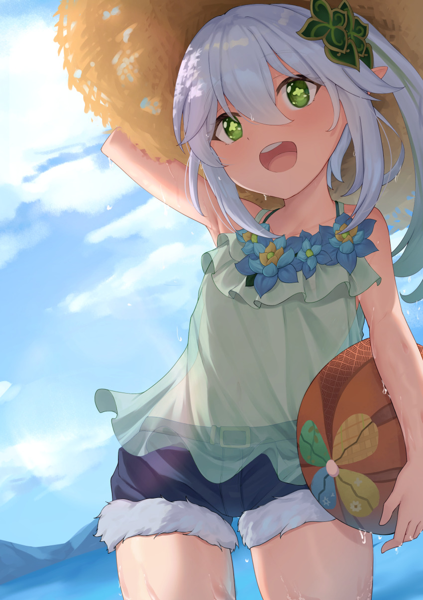 1girl :d absurdres adjusting_clothes adjusting_headwear alternate_costume ball beachball belt blue_sky blurry cloud cloudy_sky collarbone commentary contemporary denim denim_shorts depth_of_field english_commentary genshin_impact gradient_hair green_eyes gueya hair_between_eyes hair_ornament hat highres long_hair looking_at_viewer multicolored_hair nahida_(genshin_impact) open_mouth pointy_ears see-through_clothes short_shorts shorts side_ponytail sidelocks sky sleeveless smile solo straw_hat sun_hat symbol-shaped_pupils teeth wet wet_clothes white_hair