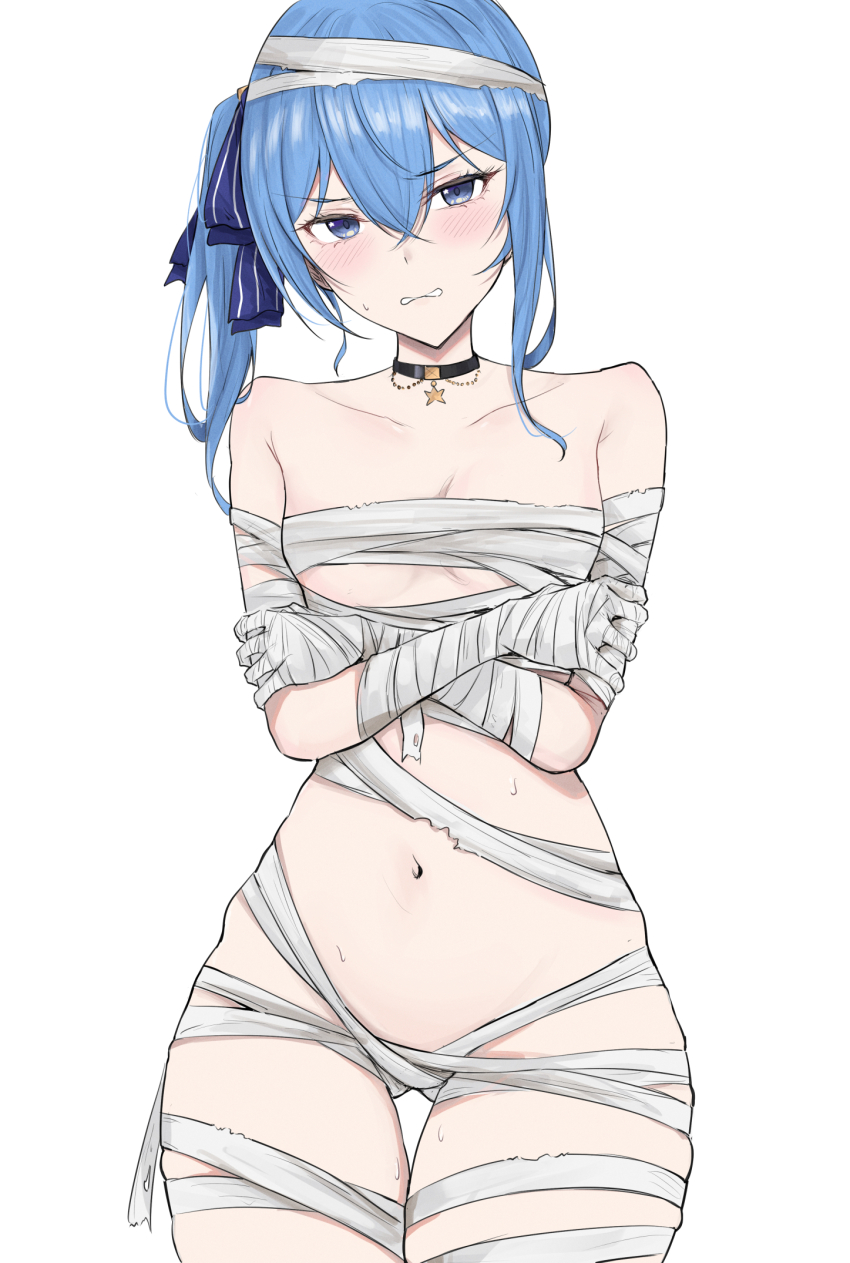 bandages black_choker blue_eyes blue_hair blush breasts choker clenched_teeth collarbone crossed_arms halloween_costume highres holding_own_arm hololive hoshimachi_suisei looking_at_viewer mummy_costume navel sakiya_(sak1_01) scowl side_ponytail simple_background small_breasts star_(symbol) star_choker star_in_eye stomach sweat symbol_in_eye teeth v-shaped_eyebrows virtual_youtuber white_background