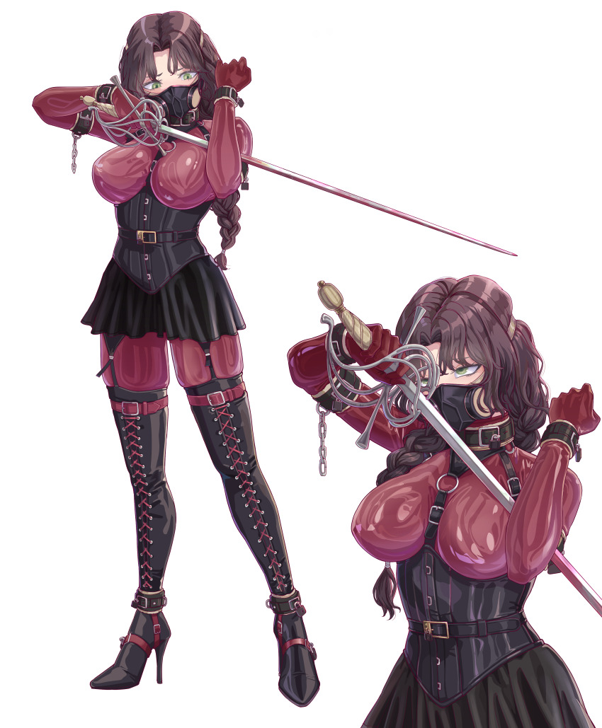 absurdres black_corset bodysuit boots bound braid breasts cleavage corset french_braid garter_straps green_eyes hair_over_shoulder high_heel_boots high_heels highres holding holding_sword holding_weapon lace-up_boots latex latex_bodysuit leveen original rapier single_braid sword thigh_boots tied_up_(nonsexual) weapon