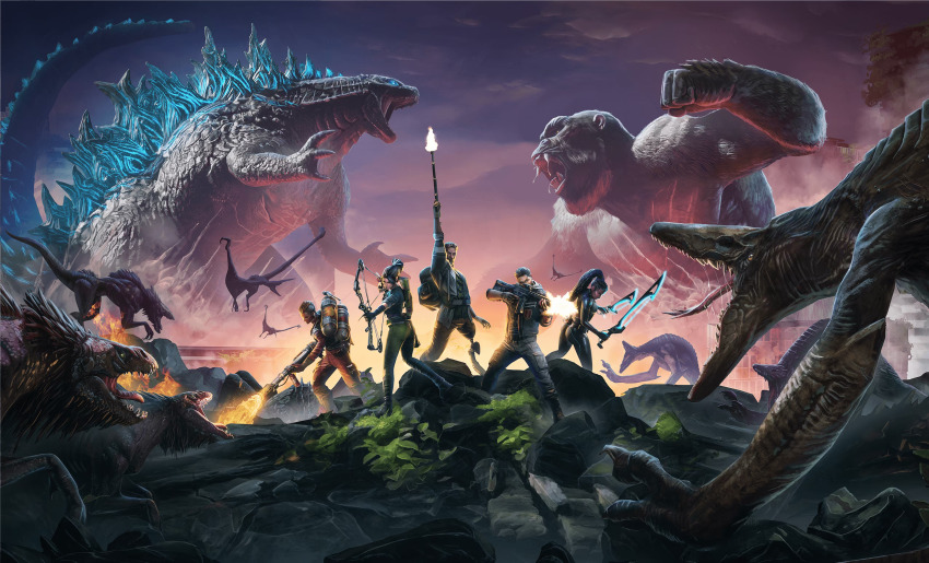 2boys 3girls aircraft amputee arrow_(projectile) artist_request ass assault_rifle blue_eyes bodysuit bow_(weapon) ciara_(godzilla_x_kong:_titan_chasers) claws compound_bow cross_promotion crossover dark-skinned_female dark_skin day death_jackal directed-energy_weapon dual_wielding electroshock_weapon energy_gun energy_weapon fangs fire flamethrower flying giant giant_monster gills glowing glowing_spikes glowing_sword glowing_weapon godzilla godzilla_(series) godzilla_x_kong:_the_new_empire godzilla_x_kong:_titan_chasers gun highres holding hunted_cow_studios kaiju kenzo_(godzilla_x_kong:_titan_chasers) king_kong king_kong_(series) kong:_skull_island leafwing legendary_pictures lightning_gun mei_(godzilla_x_kong:_titan_chasers) midriff monster monsterverse multiple_boys multiple_girls nature no_pupils official_art open_mouth outdoors plant promotional_art prosthesis prosthetic_leg reagan_(godzilla_x_kong:_titan_chasers) rifle roaring sharp_teeth shotgun skin_tight skullcrawler spikes sword tail teeth tie-in tilting_point_llc toho tom_(godzilla_x_kong:_titan_chasers) tongue very_dark_skin weapon wings