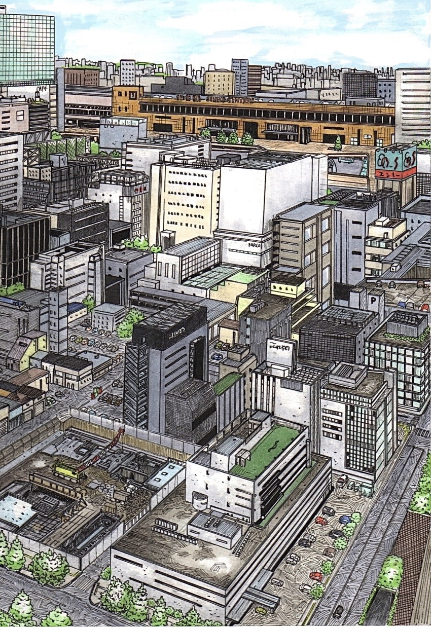 architecture blue_sky building city cityscape construction_site day highres marker_(medium) no_humans original place_name scenery sendai_(city) silent-frog sky skyscraper traditional_media urban