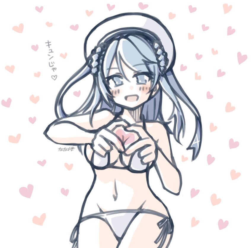 1girl alternate_costume bikini blue_eyes blue_hair breasts cleavage cowboy_shot donut_hair_bun double_bun hair_bun hat heart heart_hands highres kantai_collection large_breasts looking_at_viewer navel sailor_hat side-tie_bikini_bottom smile solo swimsuit tatahai urakaze_(kancolle) white_bikini white_hat