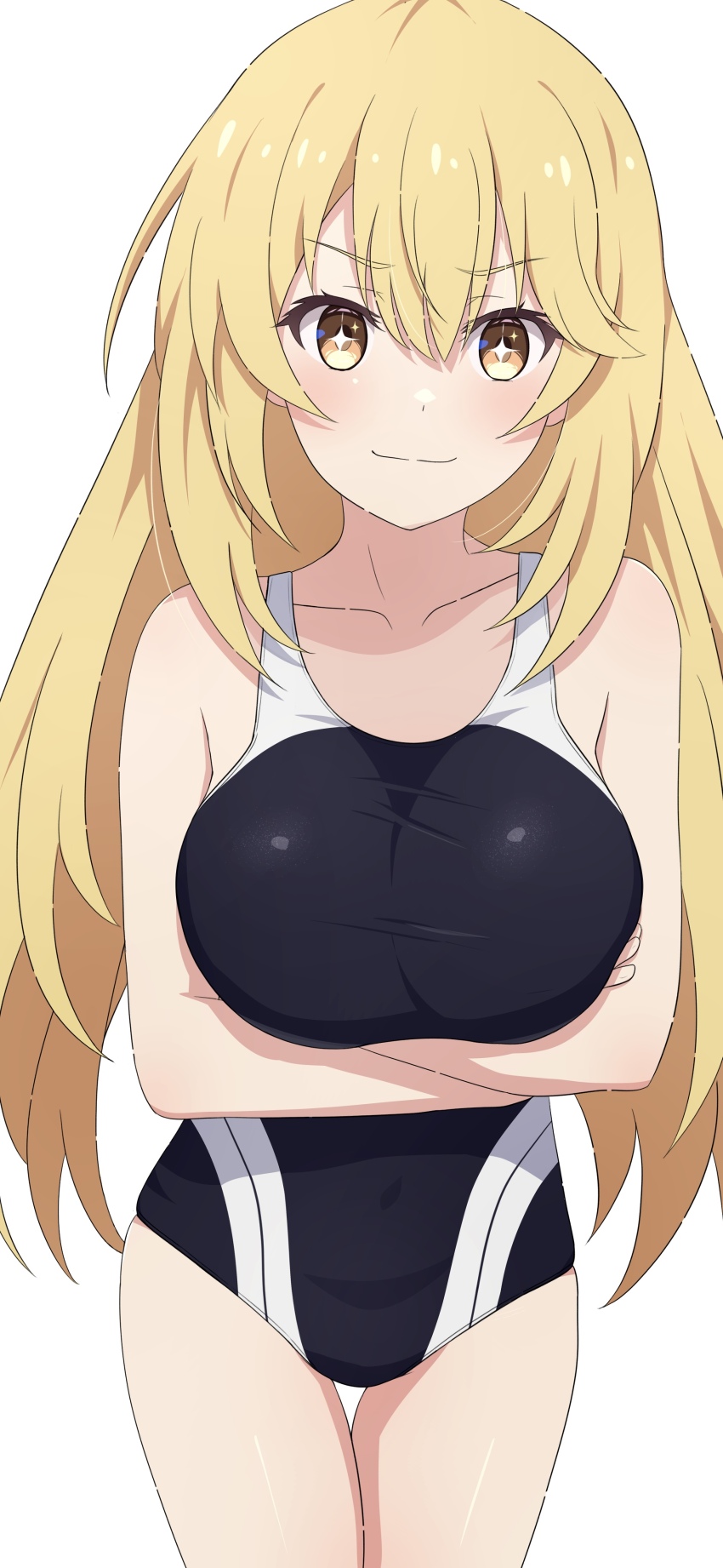 1girl absurdres arms_under_breasts black_one-piece_swimsuit blonde_hair breasts closed_mouth collarbone commentary_request competition_school_swimsuit competition_swimsuit crossed_arms highleg highleg_one-piece_swimsuit highres large_breasts long_hair looking_at_viewer multicolored_swimsuit na-suke one-piece_swimsuit school_swimsuit shokuhou_misaki simple_background solo sparkling_eyes star_(symbol) swimsuit symbol-shaped_pupils thigh_gap toaru_kagaku_no_mental_out toaru_kagaku_no_railgun toaru_majutsu_no_index tokiwadai_school_swimsuit two-tone_one-piece_swimsuit two-tone_swimsuit white_background yellow_eyes
