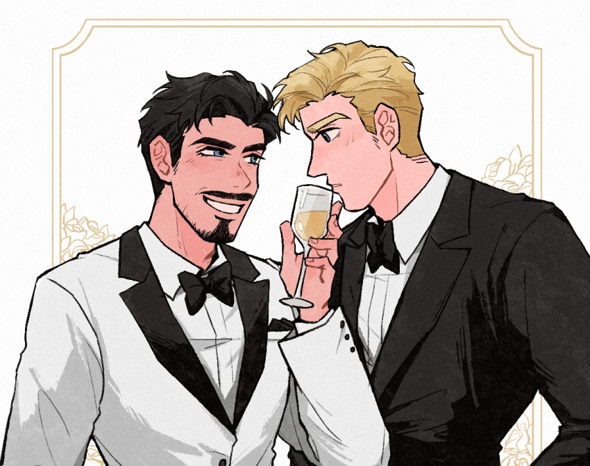 2boys alcohol avengers_(series) black_bow black_bowtie black_hair black_jacket blonde_hair blue_eyes blush border bow bowtie buttons collared_shirt cup drinking_glass facial_hair fingernails floral_background formal_clothes hand_up holding holding_cup jacket lapels long_sleeves looking_at_another male_focus marvel multiple_boys outside_border shirt short_hair simple_background smile steve_rogers suit suit_jacket teeth tony_stark upper_body weibo_7899261198 white_background white_border white_jacket white_shirt wine