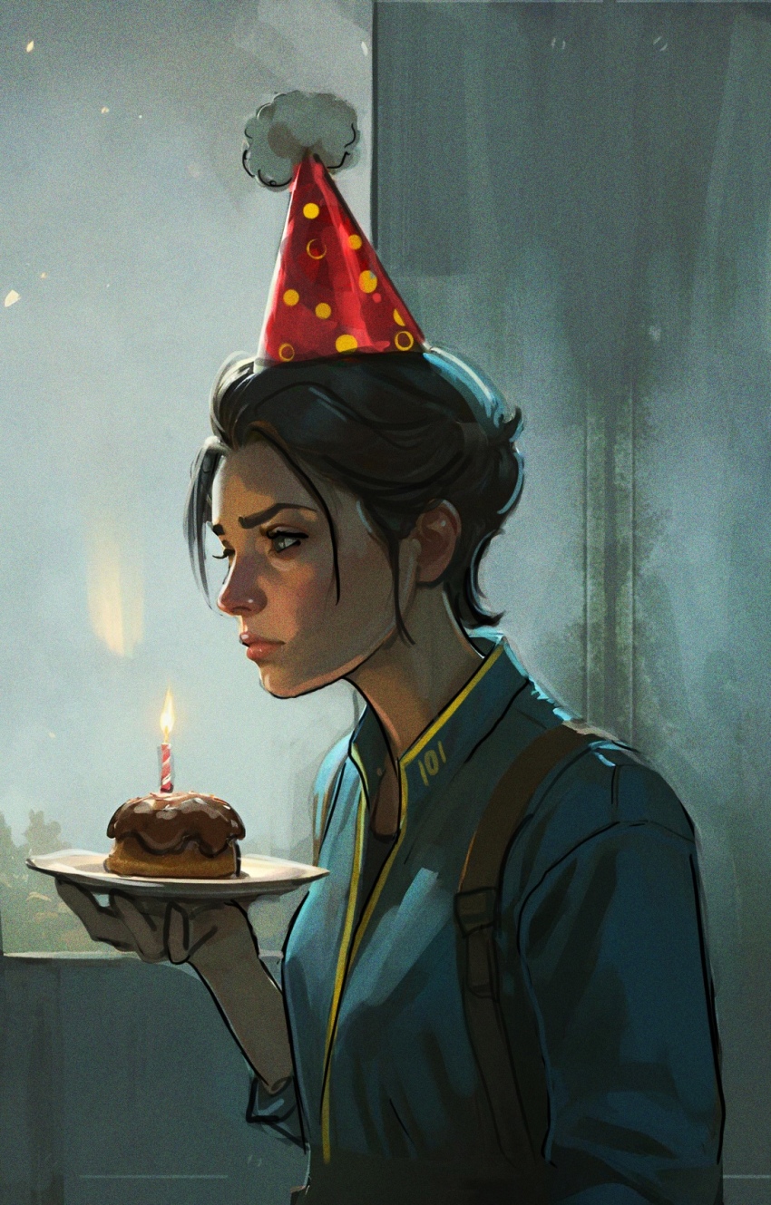 1girl birthday_cake black_hair cake candle fallout fallout_3 food grey_eyes hat highres lone_wanderer party_hat plate sara_cooley short_hair sleeves_rolled_up solo vault_suit