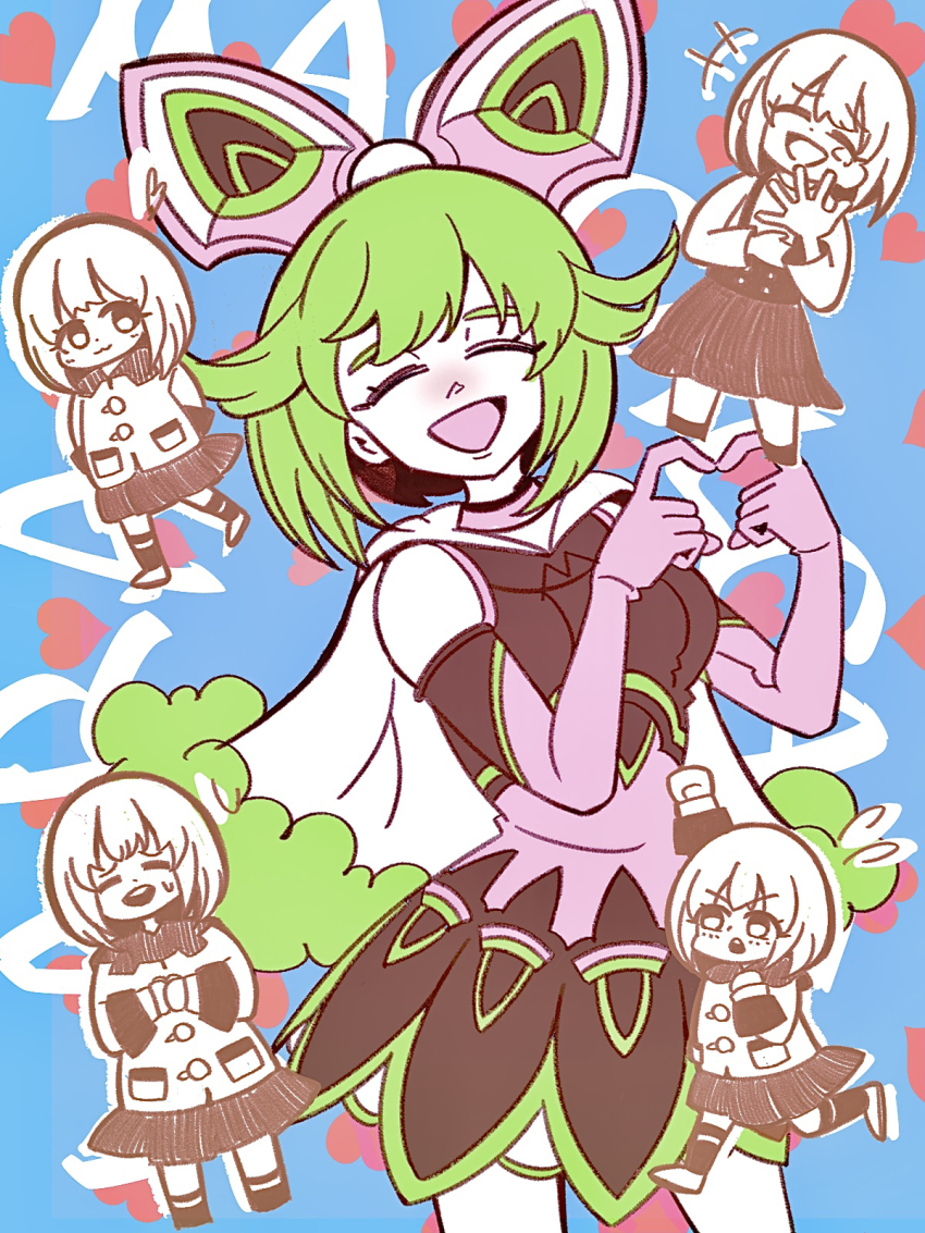 1girl four-finger_heart_hands 638fb4 :3 :d arm_up arms_behind_back blue_background cape chibi chibi_inset closed_eyes commentary_request elbow_gloves eyelashes gloves green_hair heart heart_hands highres lara_tchaikoskaya multiple_views open_mouth pink_gloves short_hair skirt smile superhero_costume sweatdrop tiger_&amp;_bunny white_cape