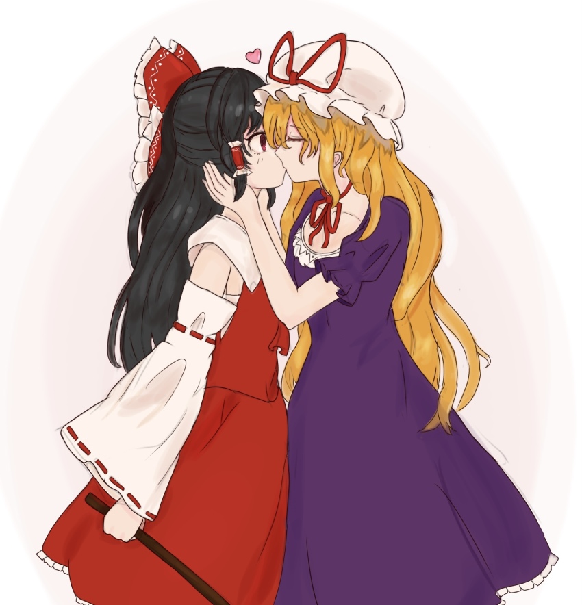 2girls 83mkneinlsqmebq ascot black_hair blonde_hair bow choker closed_eyes commentary_request detached_sleeves dress frilled_bow frilled_hair_tubes frills gohei hair_bow hair_tubes hakurei_reimu hat hat_ribbon heart highres holding holding_gohei kiss light_blush long_hair mob_cap multiple_girls purple_dress red_ascot red_bow red_eyes red_ribbon red_skirt ribbon ribbon-trimmed_sleeves ribbon_choker ribbon_trim short_sleeves skirt skirt_set touhou very_long_hair yakumo_yukari yuri
