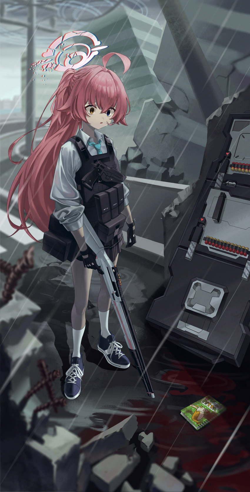 1girl absurdres ahoge black_gloves black_skirt blood blue_archive blue_eyes broken_halo building bulletproof_vest empty_eyes full_body gloves gun halo handgun heterochromia highres holding holding_gun holding_weapon hoshino_(armed)_(blue_archive) hoshino_(blue_archive) implied_death kinrup looking_at_object notebook pink_hair ponytail pool_of_blood rain rebar riot_shield ruins school_uniform shield shirt shotgun skirt solo tactical_school_uniform traumatized weapon white_shirt yellow_eyes