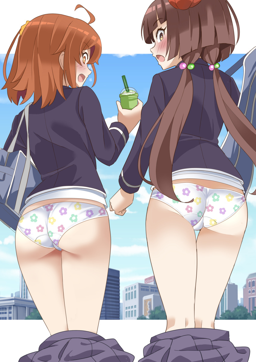 2girls absurdres ahoge ass bag black_socks blush bright_pupils brown_eyes brown_hair crotch_seam cup disposable_cup embarrassed fate/grand_order fate_(series) floral_print floral_print_panties from_behind fujimaru_ritsuka_(female) grey_jacket grey_skirt hair_bobbles hair_ornament highres holding holding_cup jacket kneehighs komahime_(fate) letterboxed long_hair long_sleeves medium_hair multiple_girls open_mouth orange_eyes orange_hair outdoors outside_border panties pleated_skirt print_panties school_bag school_uniform shimouki_izui sideways_mouth skirt smile socks twintails underwear unworn_skirt white_panties white_pupils wide-eyed