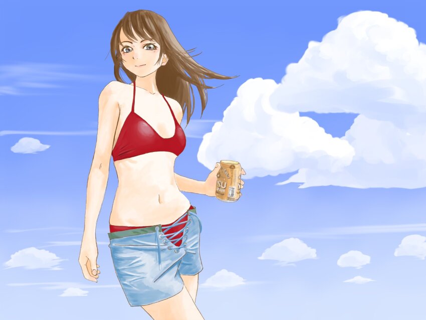 1girl beer_can bikini bikini_under_clothes blue_shorts brown_hair can cloud cloudy_sky collarbone day drink_can halterneck highres holding holding_can looking_at_viewer navel open_fly original outdoors red_bikini shorts sky solo standing swimsuit yebisu yuuki_yura