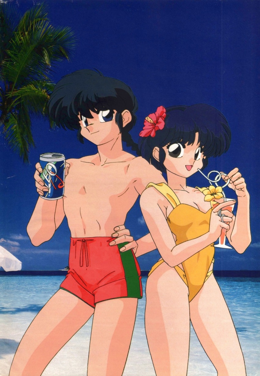 1boy 1girl :d alternate_costume animedia beach bendy_straw black_eyes black_hair blue_eyes blue_hair braid braided_ponytail breasts can cleavage closed_mouth commentary cup dark_blue_hair drink drink_can drinking_straw english_commentary fingernails flower flower_request hair_flower hair_ornament hand_on_one_hip highres holding holding_cup holding_drink looking_at_viewer magazine_scan male_focus male_swimwear medium_breasts nakajima_atsuko official_alternate_costume official_art open_mouth photo_background piglet pink_flower ranma_1/2 red_swim_trunks saotome_ranma scan sky smile soda soda_can summer swim_trunks swimsuit tendou_akane topless_male yellow_flower yellow_swimsuit