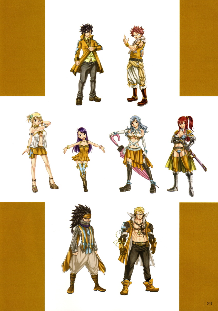 4boys 4girls absurdres blonde_hair blue_hair breasts cleavage erza_scarlet fairy_tail gajeel_redfox gray_fullbuster highres juvia_lockser large_breasts laxus_dreyar long_hair lucy_heartfilia mashima_hiro multiple_boys multiple_girls natsu_dragneel navel official_art red_hair revealing_clothes underboob wendy_marvell